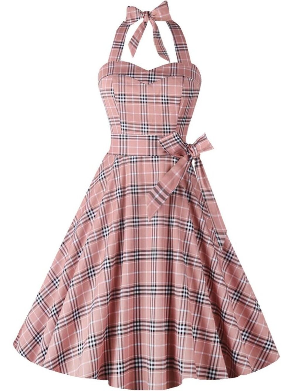 Women's Pink Plaid Halter Neck Vintage Polka Audrey Retro Cocktail Dress
